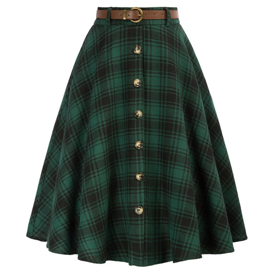 Belle Poque Women Swing Plaid Midi Skirt With Belt Elastic High Waist Buttons Decorat Vintage Pleated Skirt With Pockets &amp; Belt