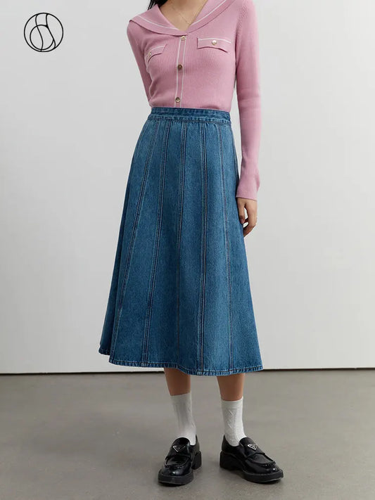 DUSHU Retro Sense High Waist Design Denim Skirt for Women Spring New Chic High Street Style Denim Blue A-line Skirt Female